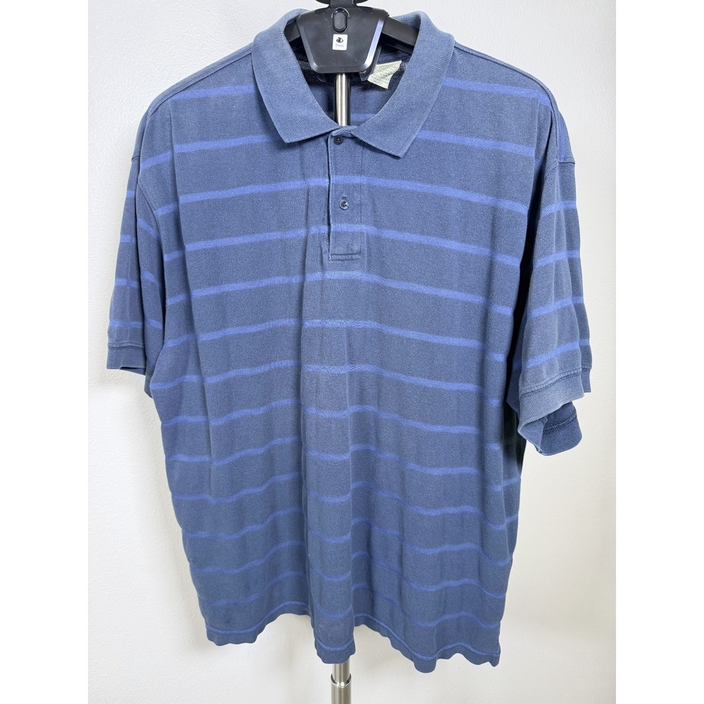 St. John's Bay Polo Shirt Mens 2XL Blue Striped Cotton Side Slit Short Sleeve